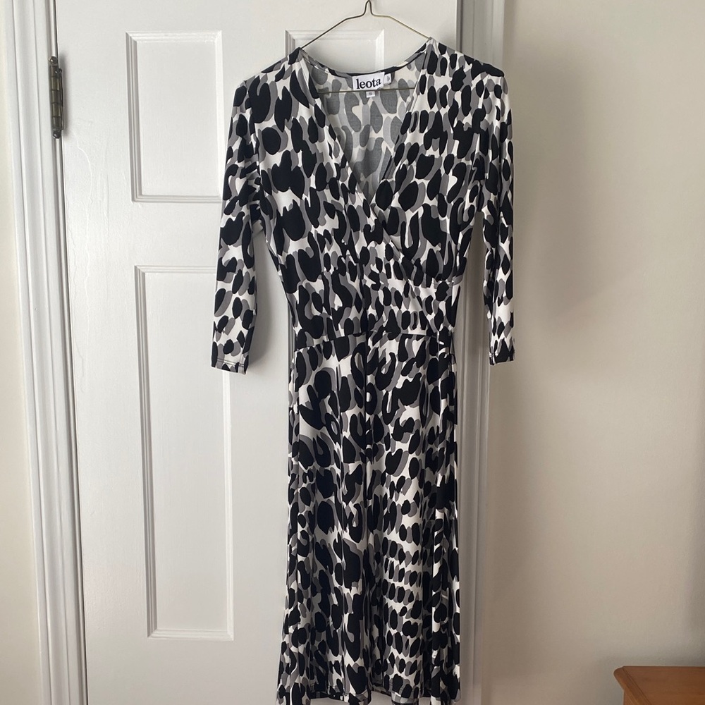 Leota Black & White Faux-Wrap Animal Print Midi Dress